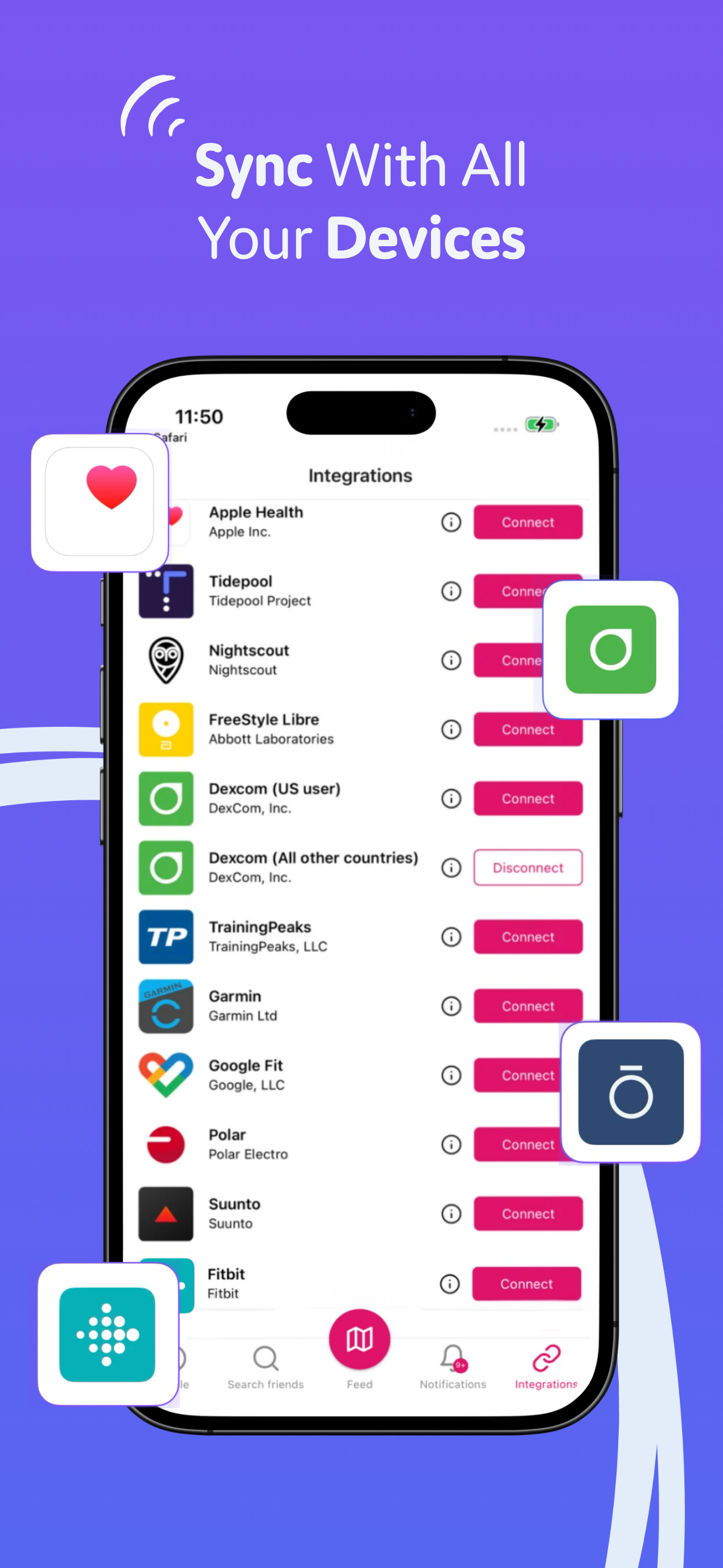 Enhance-d zeigt die verfügbaren Verbindungen zu Gesundheits- und Sportdiensten.
